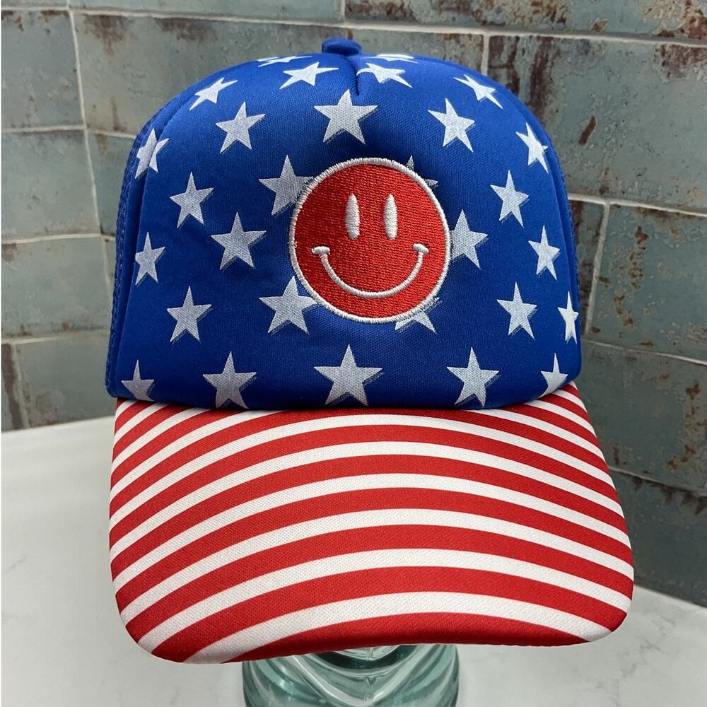 Happy America Smiley Face Stars And Stripes Trucker Hat s